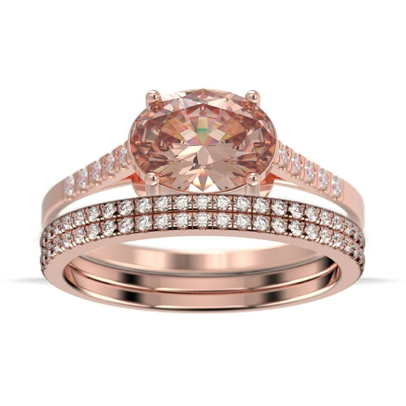 Dazzling Minimalist Art Deco 2.50 Carat Oval Cut Morganite And Diamond Moissanite Unique Engagement Ring, Wedding Ring, Two Matching Band in 10k Solid Rose Gold, Gift For Woman, Promise Ring