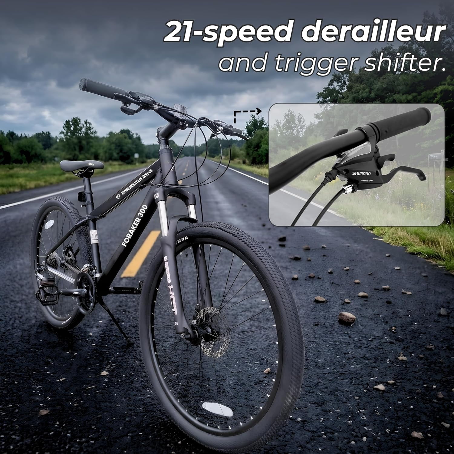 5Seconds Foraker 300 Hybrid Mountain Bike, 21-Speed Adult Bicycle for Men & Women, Lightweight Aluminum Frame, Front Suspension, Mechanical Disc Brakes, Trigger Shifters, All-Terrain Bike Black