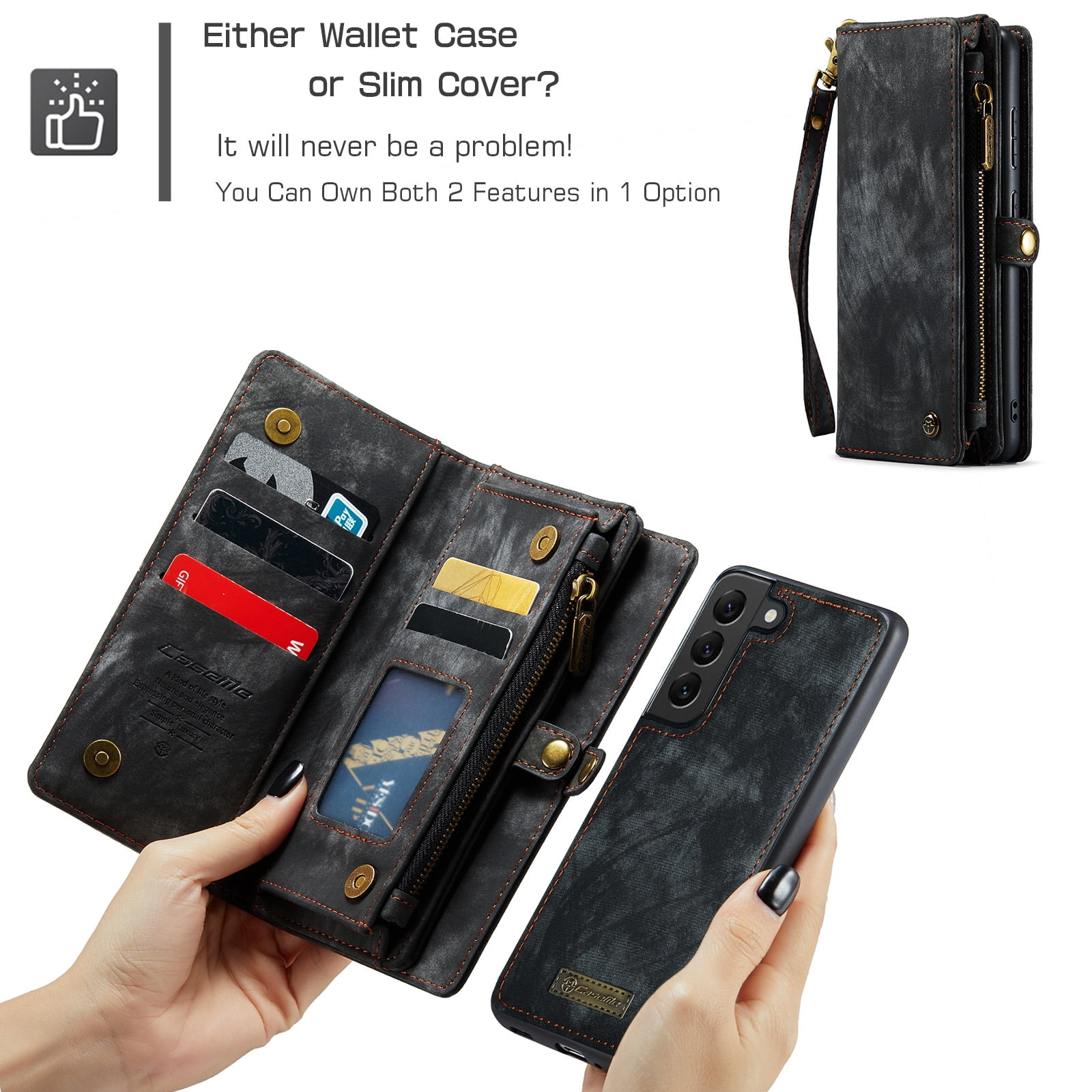 Feishell Durable 2-In-1 Magnetic Detachable Wallet Case for Samsung Galaxy S22,for Women Men,Premium PU Leather Zipper Pocket Flip Multi Card Slots Purse Phone Case with Wrist Strap,Black