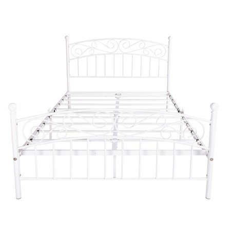 BaytoCare Metal bed frame platform mattress foundation with headboard and fooboard  heavy duty and quick assembly  Queen White