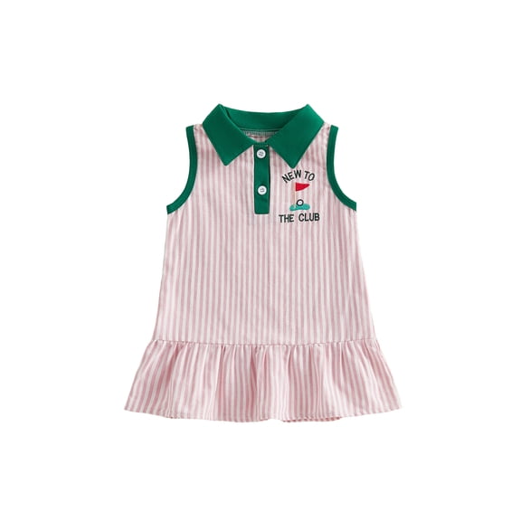 BemeyourBBs Toddler Baby Girls Golf Dress Outfit Striped Golf Printed Sleeveless Button Up Lapel Collar Ruffle Tank Dress Summer Clothes