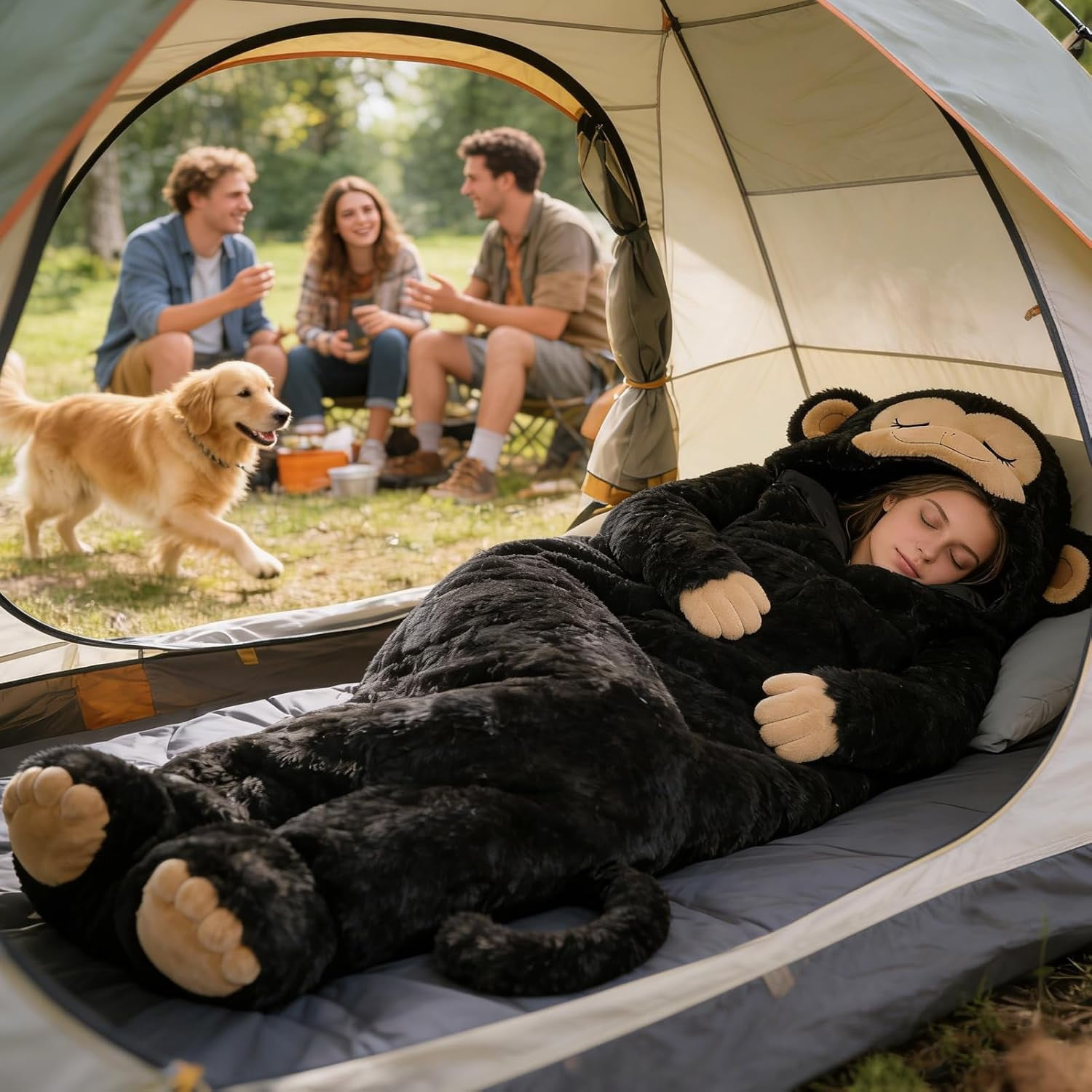 Plush Monkey Sleeping Bag for Adults, Cold Weather Soft Plush Blanket Bag with Tail, for Men Women Travel Indoor Outdoor Backpacking Hiking Reading Watching TV(Black)