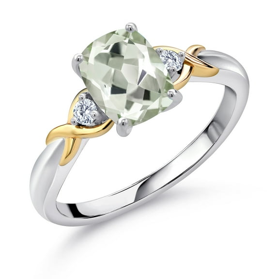 Gem Stone King 1.36 Ct Green Prasiolite E-F Lab Grown Diamond 925 Silver and 10K Yellow Gold Ring