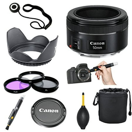Canon EF 50mm f/1.8 STM + Commander 3pc Filter Kit + 2 In 1 Lens Pen + Dust Blower + Lens Hood + Lens Pouch + Cap (Best Lens Hood For Canon 18 135mm)