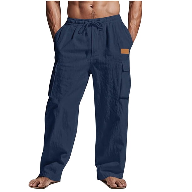 Amzcrzy Mens Linen Pants Comfortable Elastic Waist Drawstring Trousers for Men Summer Casual Relaxed Fit Beach Yoga Pants Lightweight Baggy Wide Leg Pants for Men with Flag Label S-3XL Azul