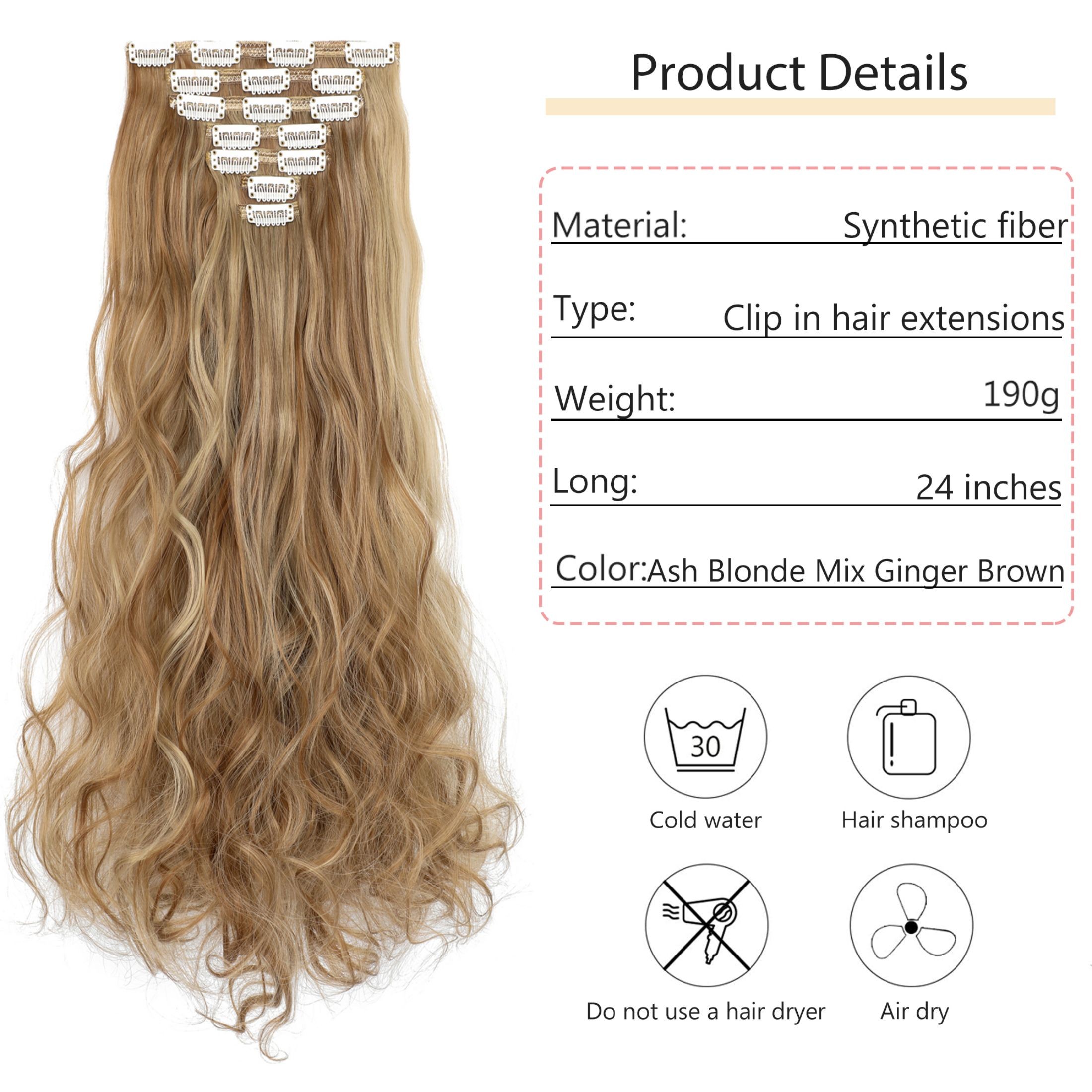 Qlenkay Clip in Hair Extensions Synthetic Hair 7 pcs Double Weft Long Wavy Straight Hair Extension for Women