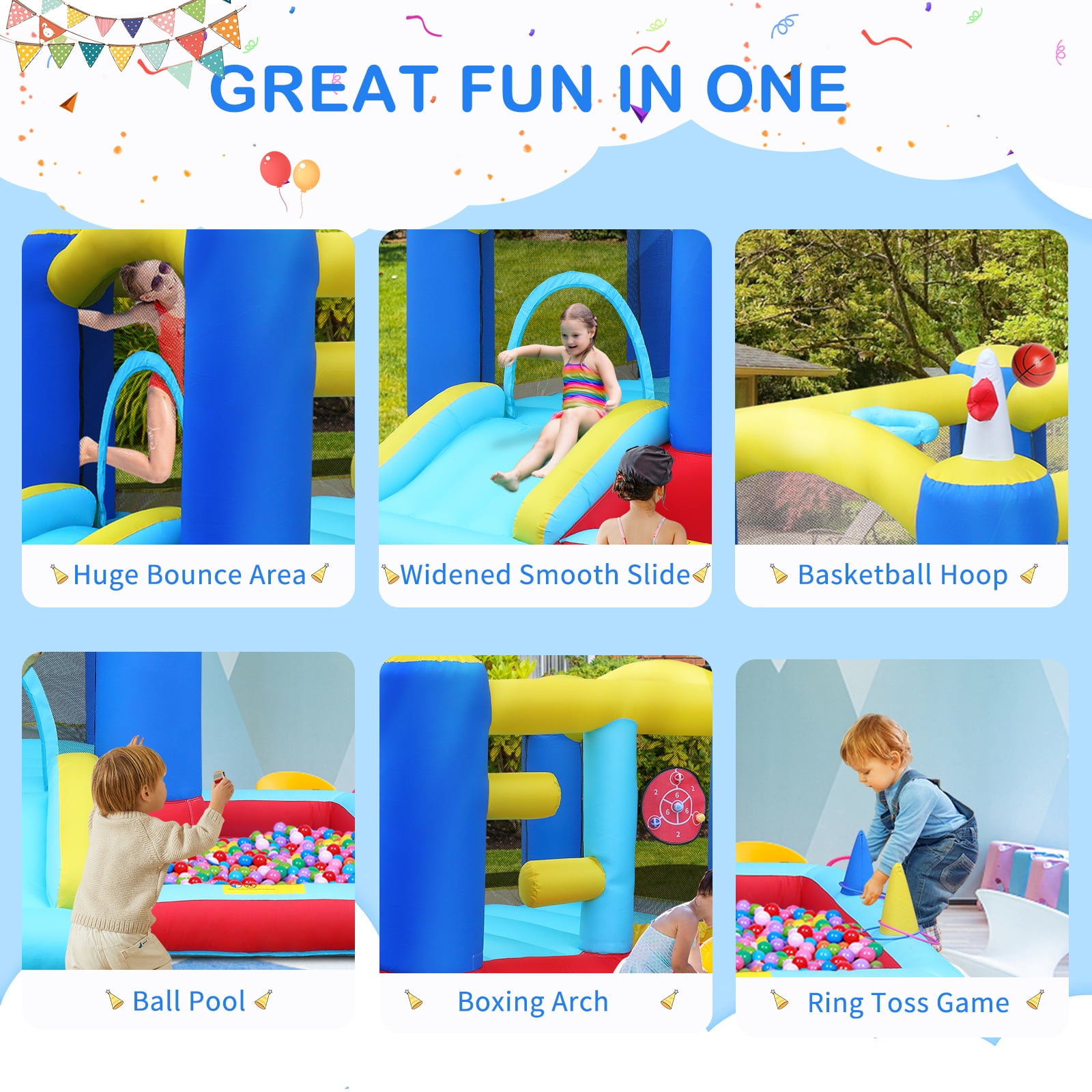 Ktaxon Inflatable Bounce House with Blower for Kids 3+, Indoor & Outdoor Bouncy Castle with Slide, Perfect for Birthday Parties, Backyard, Lawn