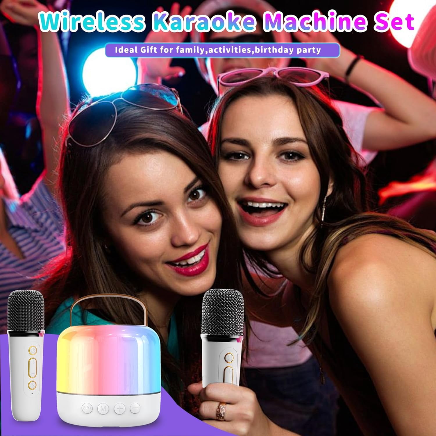 Mini Karaoke Machine for Kids Adults, Portable Bluetooth Speaker with 2 Wireless Microphones and LED Lights, Karaoke Toys Gifts for Girls Boys 4, 5, 6, 7, 8, 9,10,12+ Years Christmas Birthday Party