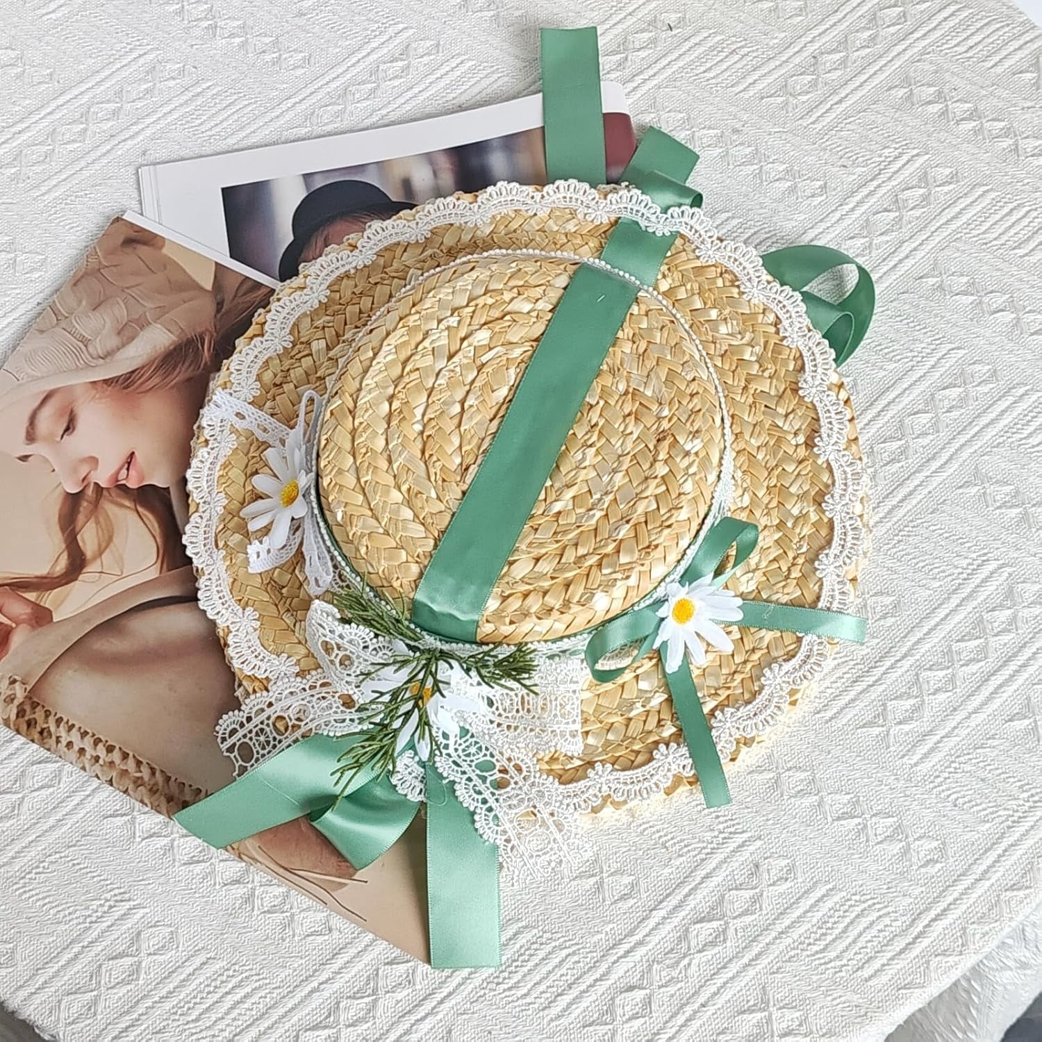 Kukuzhu Girls Women Victorian Tea Party Sun Hat, Lolita Lace Ribbons Straw Flat Hat Wide Brim Flower Bonnet Cap