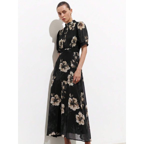 Black Floral Maxi Dress With Puff Sleeve, Pleated High Neck Chiffon For Spring Summer
