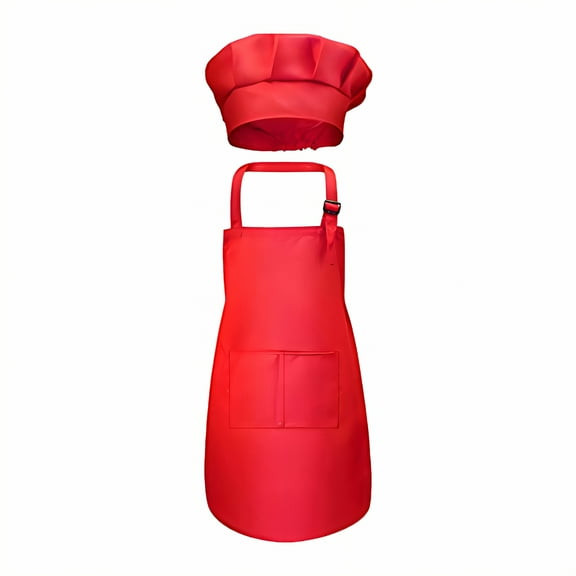 AUQ Kids Chef Hat and Apron,Low-Weight Build for Kid Kids Apron,Polyester Fiber Layer Apron with Pockets,Red