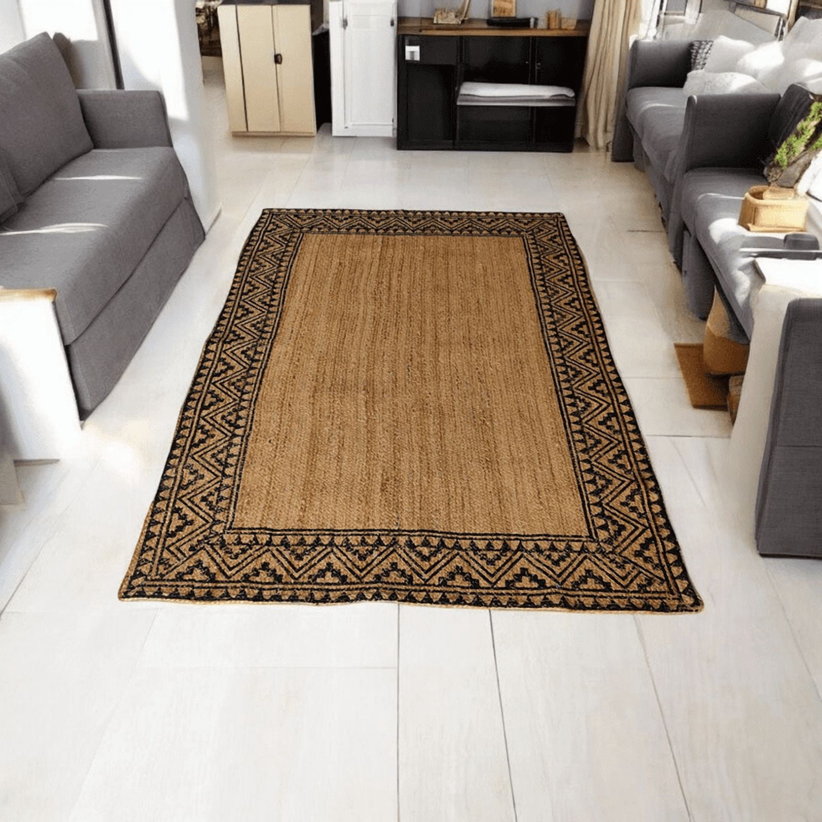KLAVATE Jute Rug Tribal Print Border Boho Handwoven Carpet for Living Room