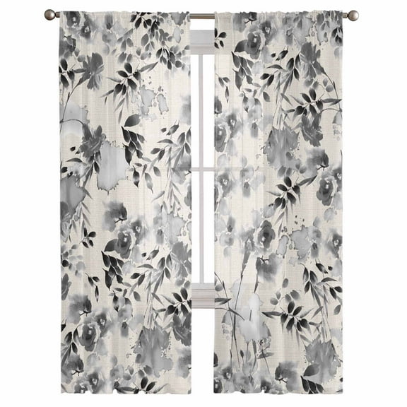 Black Grey Spring Floral Semi Sheer Curtains 108 Inch Length 2 Panels Set,Summer Botanical Watercolor Rustic Sheer Kitchen Curtain Privacy Voile Window Curtain for Living Room Rod Pocket Drapes