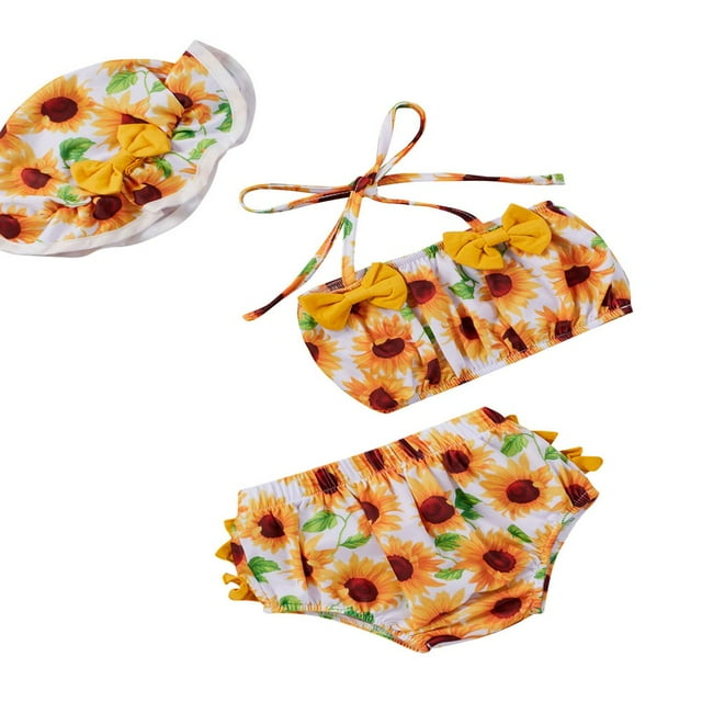 Summer Baby Girls Bikini Sets Sunflowers Ruffles Tops Shorts Hats Swimwear