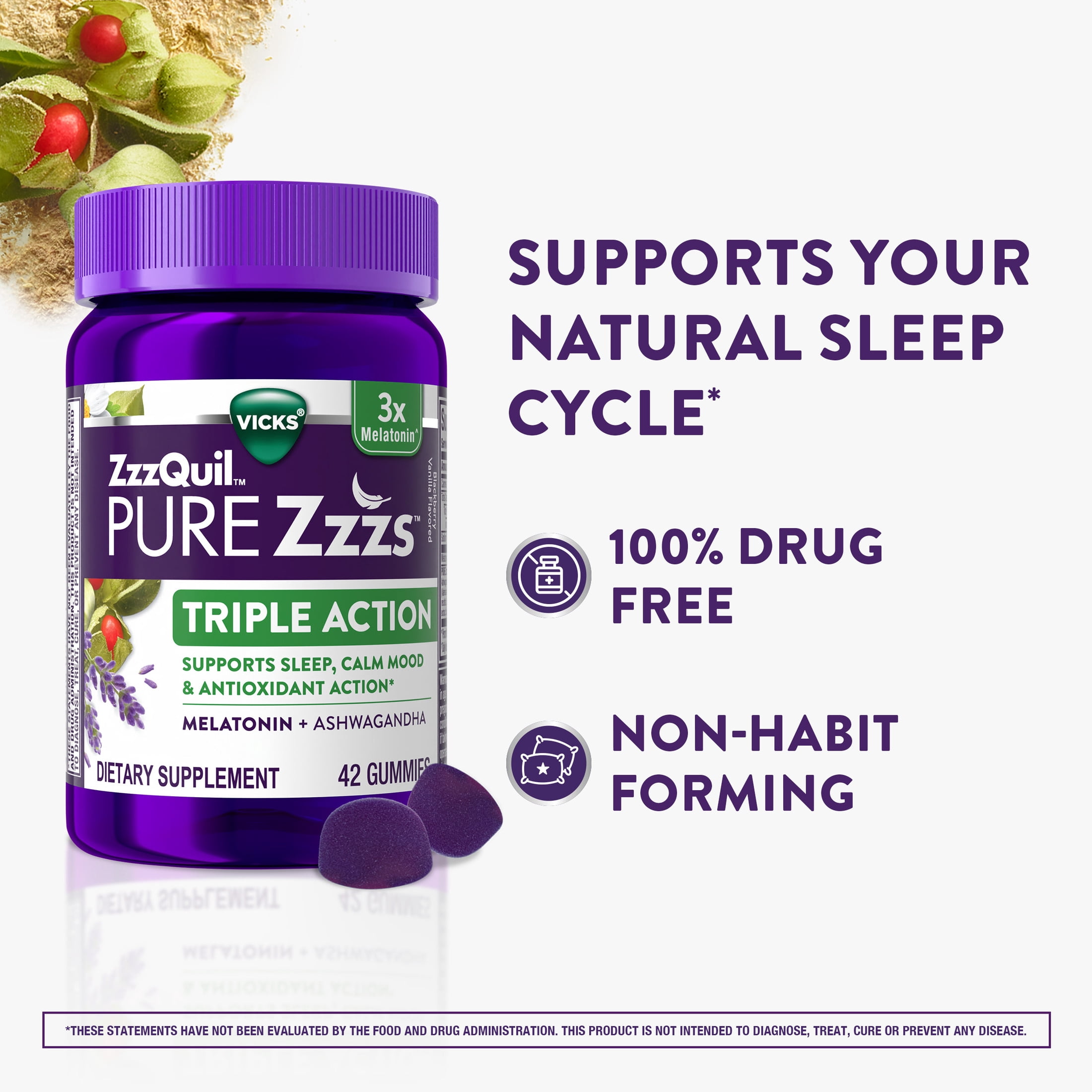ZzzQuil PURE Zzzs Melatonin Triple Action with Ashwagandha, Melatonin 6mg, 42 Gummies