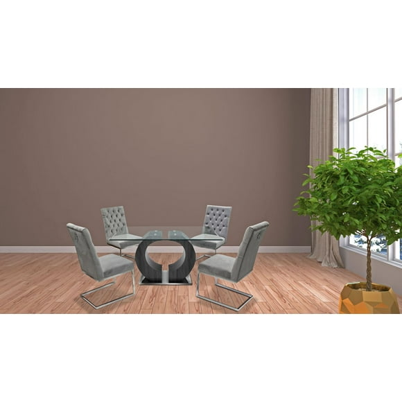 K-LIVING KRISTIFER TEMPERED GLASS TOP AND GREY VENEER LEG WITH CHROME BASE DINING TABLE WITH TUFTED VELVET CHAIRS IN GREY( 1 TABLE AND 4 CHAIRS)
