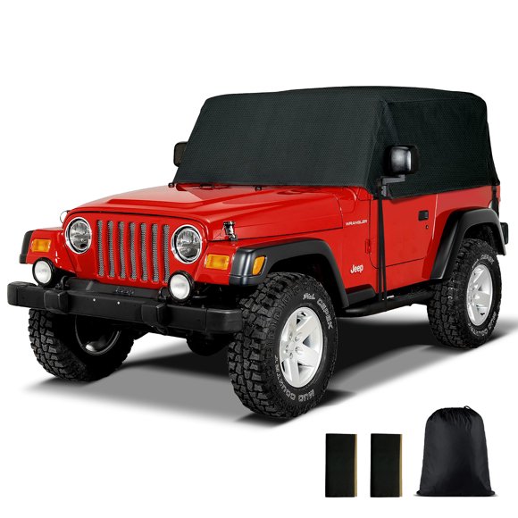Housse de Voiture Cabine 2 Portes Noire NEH, Pare-Soleil Imperméable, Demi-Housse de Voiture avec Sangles de Retrait Rapide à Dégagement Rapide Résistantes au Vent, Compatible avec les Jeep Wrangler TJ, YJ, JK, Jeep CJ 1976–2006