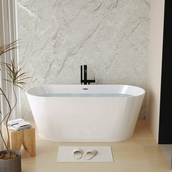55" Freestanding Acrylic Bathtub, Large Soaking Tub with Gloss White Finish, Thermal Insulation for Longer Warmth, Easy-Clean Surface, Chrome Toe-Tap Drain, CUPC Certified