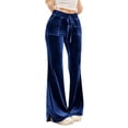 thumbnail image 4 of Women's Velvet Flare Pants, High Waist Drawstring Wide Leg Pants, Soft Casual Lounge Pants with Side Pockets for Daily Wear, Loungewear and Relaxed Outfits Dark Blue L, 4 of 7
