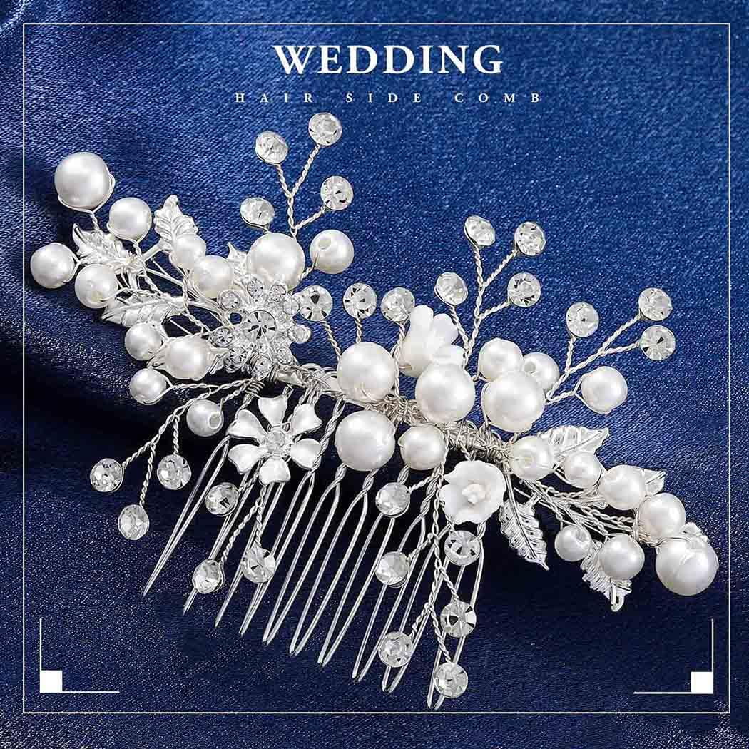 Wedding Hair Comb Rhinestone Silver Bridal Hair Pieces Flower Crystal Prom Headpiece Pearls Bride Hair Clips Bridesmaids Decorative Hair Side Combs Wedding Hair Accessories for Brides (Silver C)