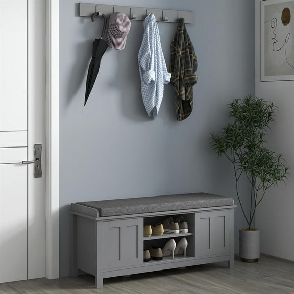 Demi Bonn 19" Shoe Storage Bench with Cushion and Sliding Doors , Entryway Storage, Comfortable Seating for Home, Gray