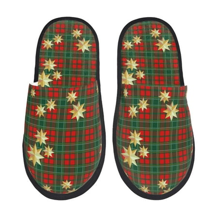 Balery Checkered With Golden Stars Slient Indoor Furry Fleece Comfort House Shoes Soft Non-Slip Home Shoes Cotton slippers House Slippers-- Large