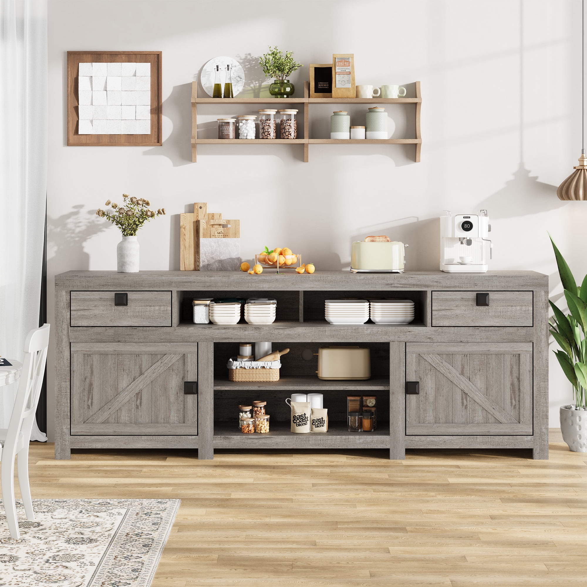 Farmhouse TV Stand for 80 Inch TVs, Long Entertainment Center with 4 Storage Doors & 3 Open Shelf, White Television Consoles Stands for Living Room, Bedroom