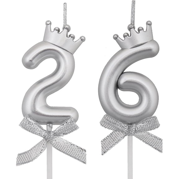 VSHILI 26 62 Birthday Candles, 26th 62nd Cake Candles, Silver Happy Birthday Number 26 62 Candles Cake Topper Decorations for Party Men Women
