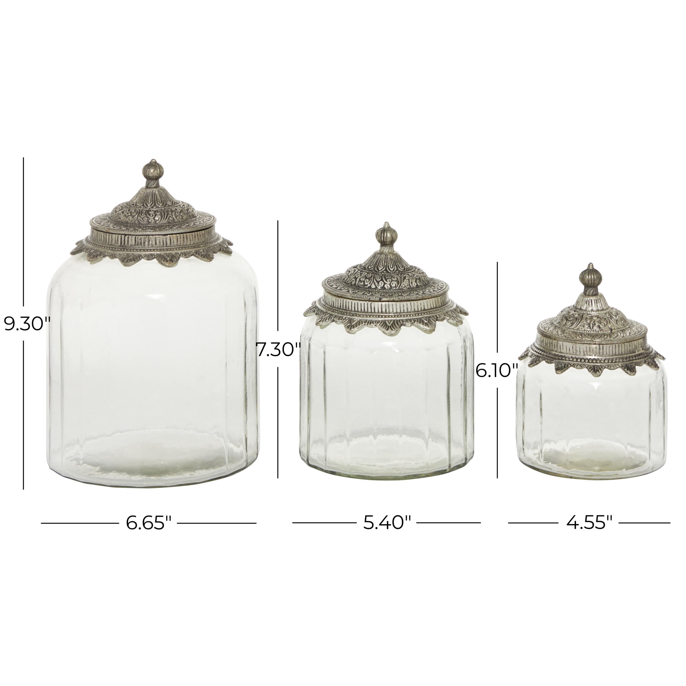 DecMode 6", 7", 9"H Clear Glass Decorative Jars with Engraved Silver Lids, 3-Pieces