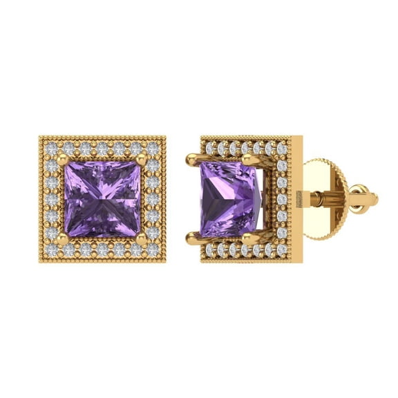 2.24 ct Screw-Back Stud Earrings for Women | 5.5mm Princess Cut Simulated Alexandrite | 18K Yellow Gold