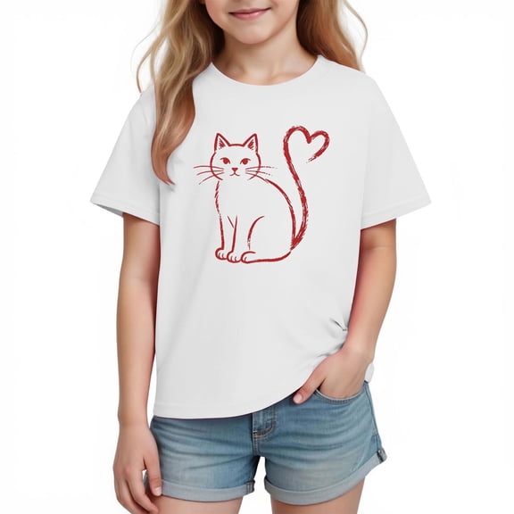 White Girls Cat Shirt with Heart Tail, 100% Cotton Short Sleeve Graphic Tee for Valentine's Day & Everyday, Kids T-Shirt for Girls,Size 7-8T
