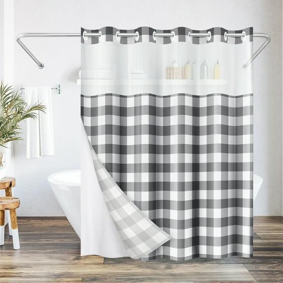 Americanflat 72x75 Hookless Shower Curtain - Gray Plaid Shower Curtain with Sheer Panel, Snap-In Liner, and Grommets - 100% Polyester