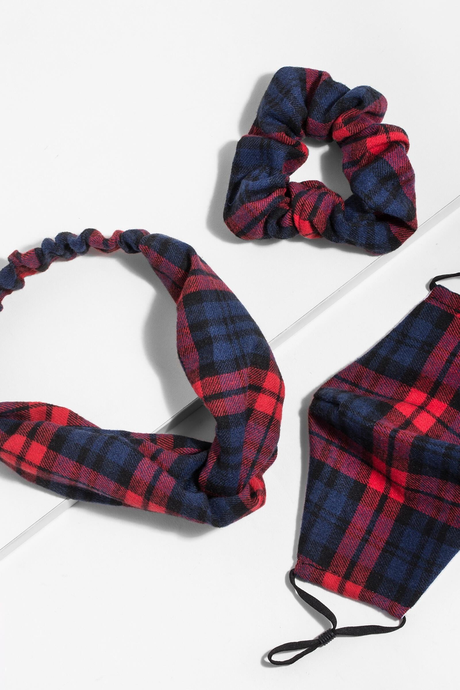 Veroma Red Navy Plaid Face Mask, Headband, Scrunchi 3 Piece Set