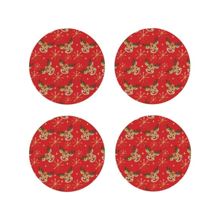 

Junzan Christmas With Cute Deer Print Coasters for Drinks - Leather Coasters Set of 4 for Coffee Table for Housewarming/Kitchen/Bar/Decor-Round Shape