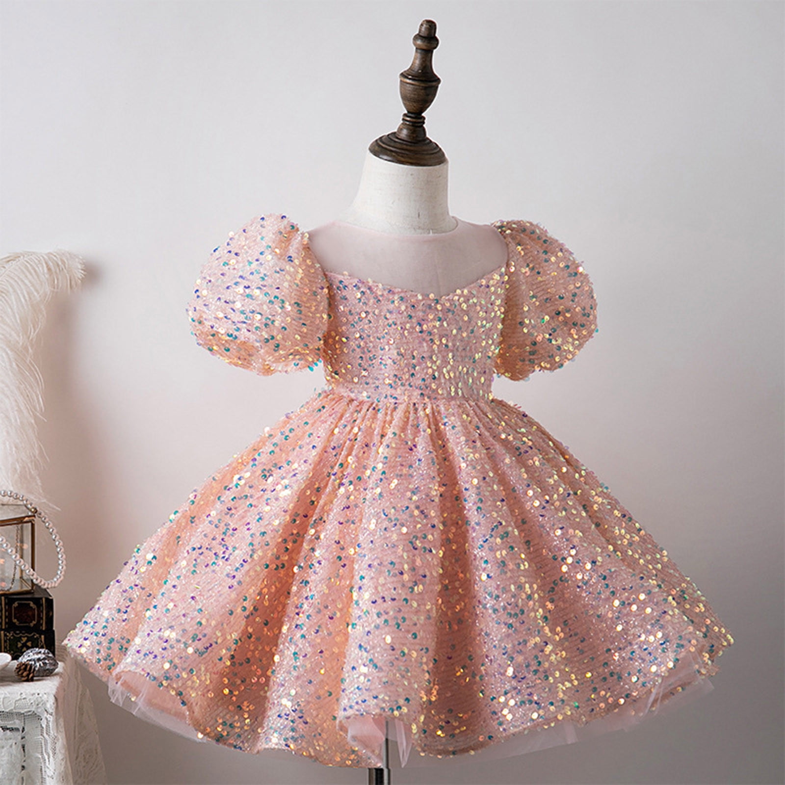 Essentials Girls Dresses 2026 Cute Sequin Glitter Party Carnival Gown mal Ball Gown Dress Size 4-5 Years