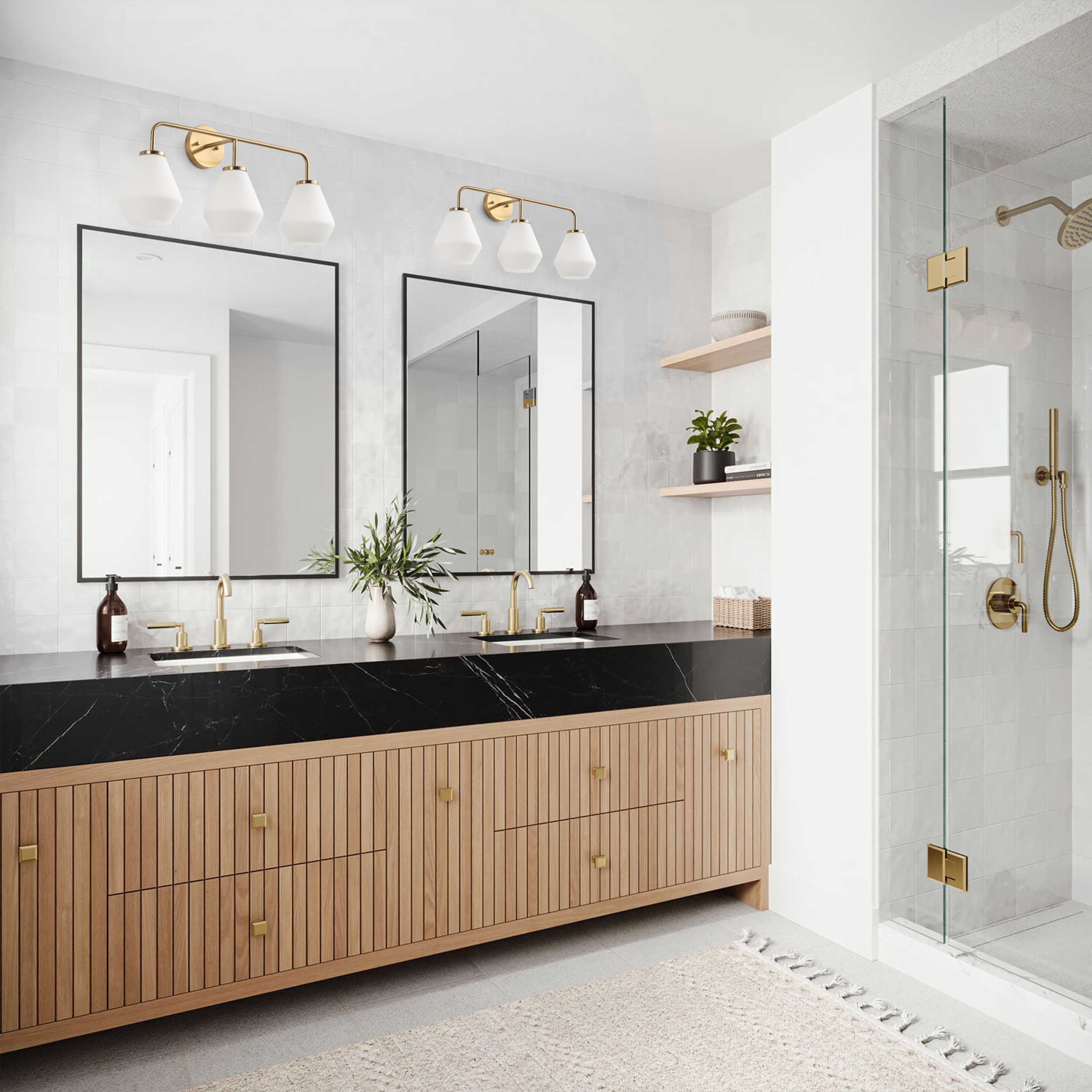Modern Gold Bathroom Light Fixture 3-Light Milky White Glass Vanity Lighting Industrial Wall Sconce Over Mirror
