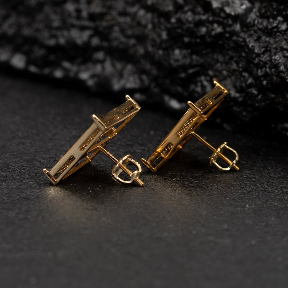 Men's Large Square Flat Screen Hip Hop Two Tone Yellow Gold 925 Sterling Silver Screw Back Stud Earrings