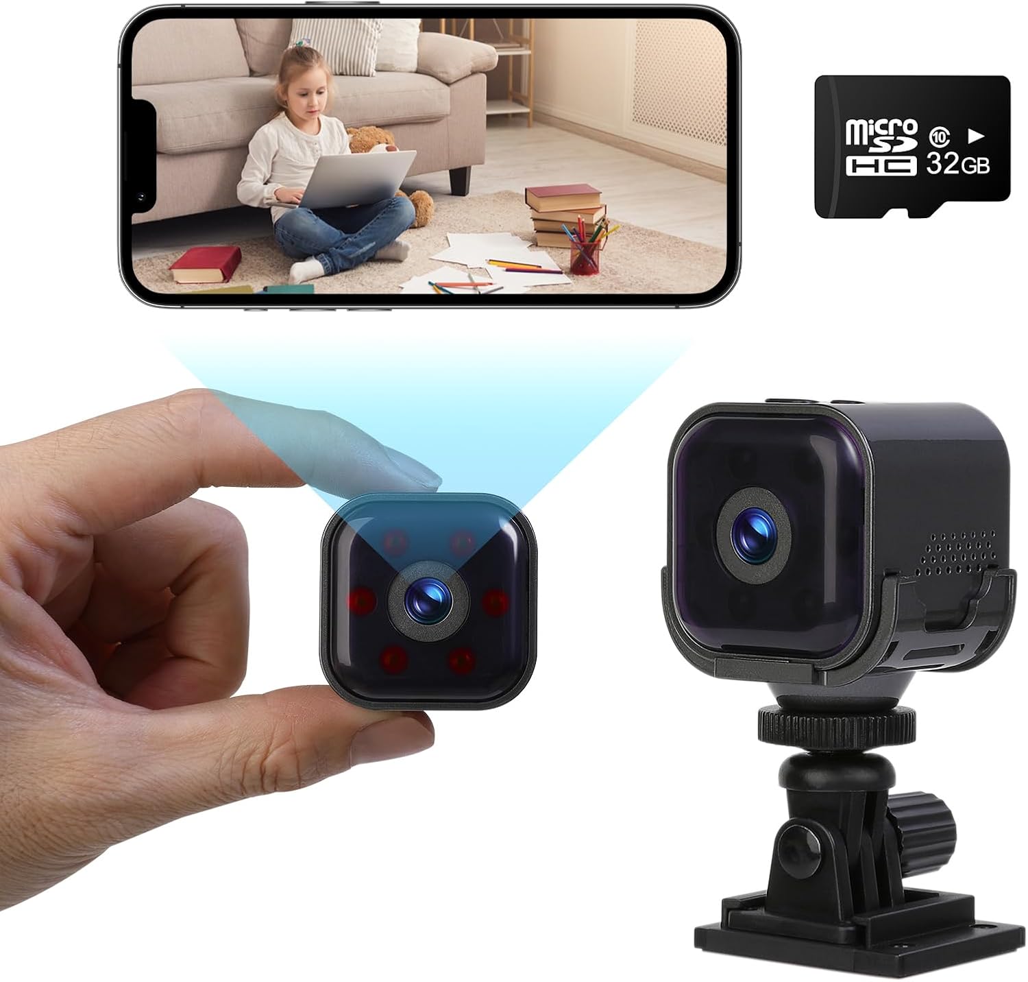 Mini hidden camera WiFi remote smart home, 960Mah battery life, AI motion detection alarm, automatic night vision, mobile phone APP portable connection, indoor real-time recording monitoring camera.
