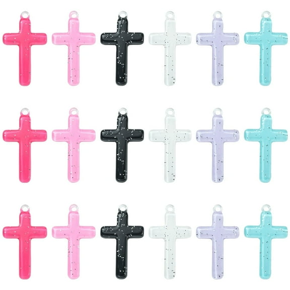 1 set 30pcs 6 colors Religion Opaque Resin Pendants Cross Charms with Sequins Mixed color 31~33x18.5~19x3mm Hole: 2~2.5mm 5pcs/style