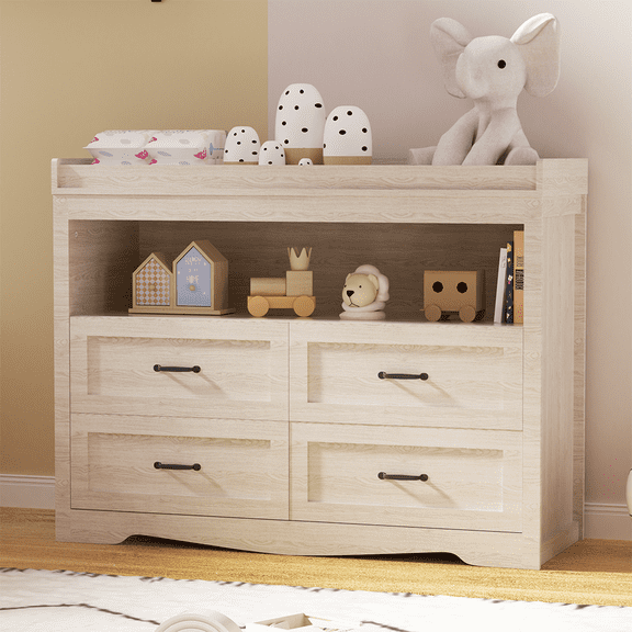Baby Changing Table Dresser Nursery Chest with Storage-Infant & Toddler, 4 Drawers and Open Storage Space, Beige