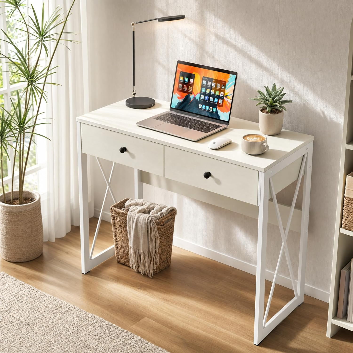 Manora White Computer Desk with 2 Drawers & Power Outlets USB Ports,31 Inch Small Writing Desk for Home Office, Modern Minimalist Study Table, Compact Vanity Desk for Bedroom, Apartment,Small Spaces