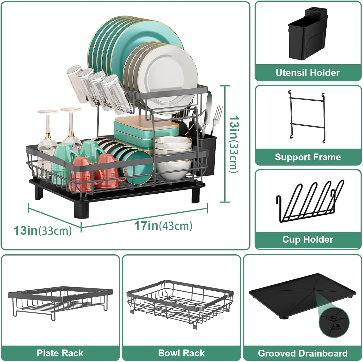 Asunby Dish Drying Rack, 2 Tier Dish Rack, Large Dish Racks for Kitchen Counter, Dish Drainer with Removable Utensil Holder, Drainboard,Grey