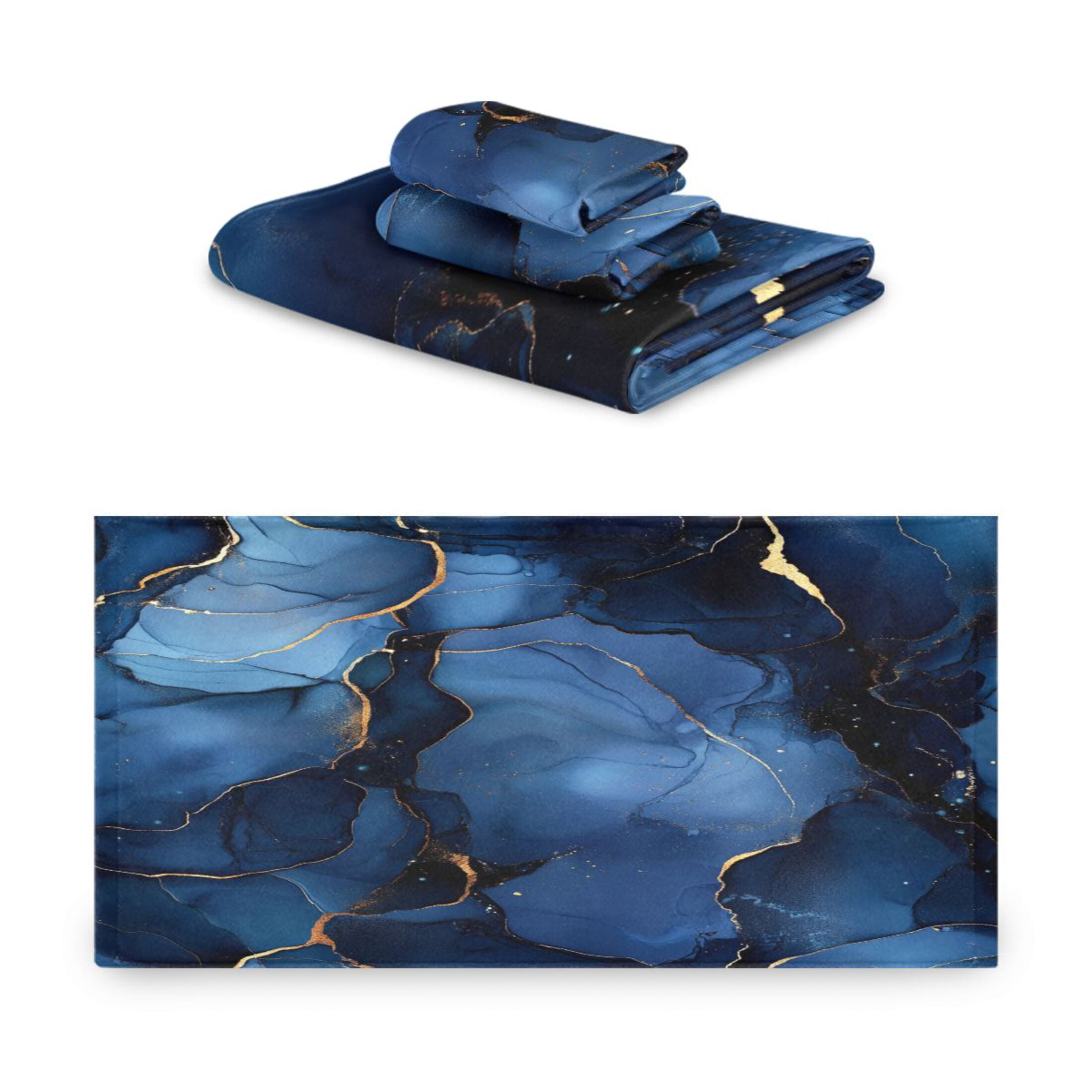 WOBOGO Navy Blue Gilt Marble Ultra Soft 3 Pack Cotton Towel Set Includes 60 x 30in Bath Towel 28 x 16in Face Towel and 13 x 13in Small Square Towel for Everyday Use Lightweight and Compact