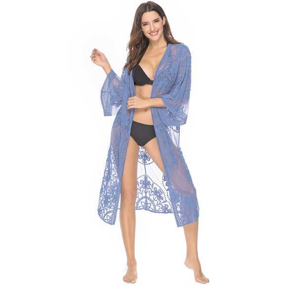 Women's Embroidered Lace Floral Kimono 3/4 Sleeve Loose Long Cover Up Cardigan, Blue