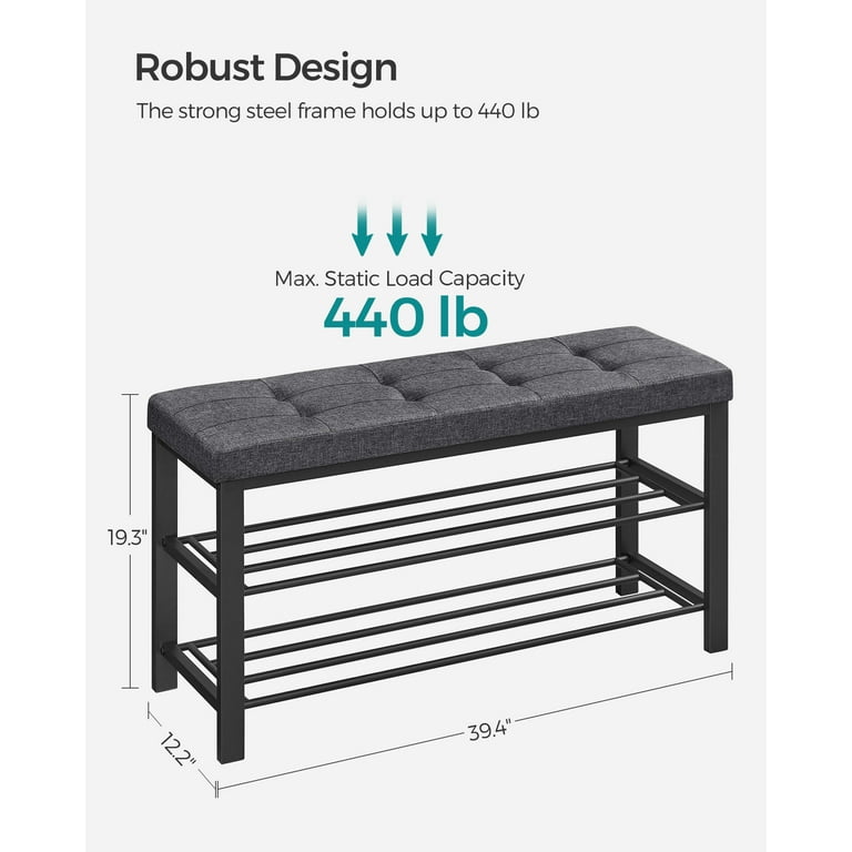 Free Shipping SONGMICS 3 Tier Shoe Rack Shoe Bench for Entryway Storage Organizer with Foam Padded Seat Linen Metal Frame for Living Room Hallway 12.2 x 39.4 x 19.3 Inches Dark Gray and Black