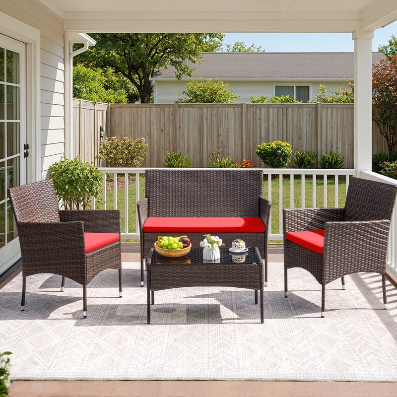 Vineego 4 4PCS Patio Furniture Set Outdoor Conversation Rattan Chairs with Cushion and Loveseat Glass Table for Garden Backyard Porch, Brown/ Red