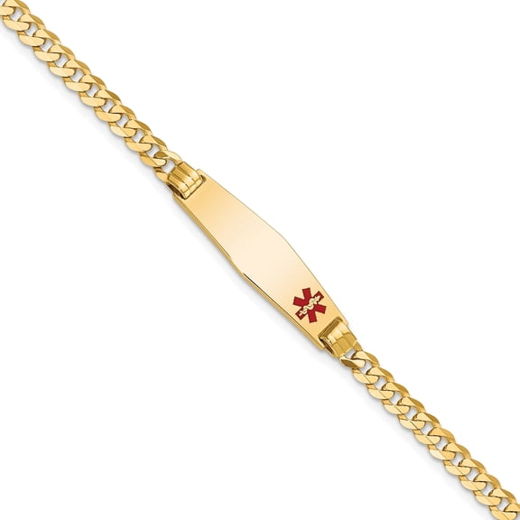 10K Yellow Gold Medical Soft Diamond Shape Red Enamel Curb Link Id Bracelet (Width 7.5) (Length 8) - Jbsp