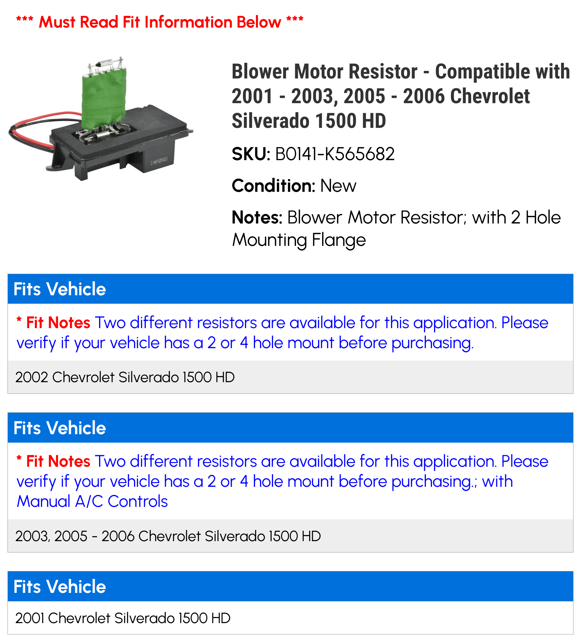 Blower Motor Resistor - Compatible with 2001 - 2003, 2005 - 2006 Chevy Silverado 1500 HD 2002