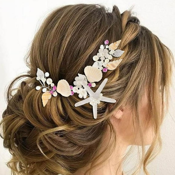 Wedding Starfish Headband Silver Seashell Headpiece Pearl Flower Beach Bridal Hair Accessories for Women and Girls