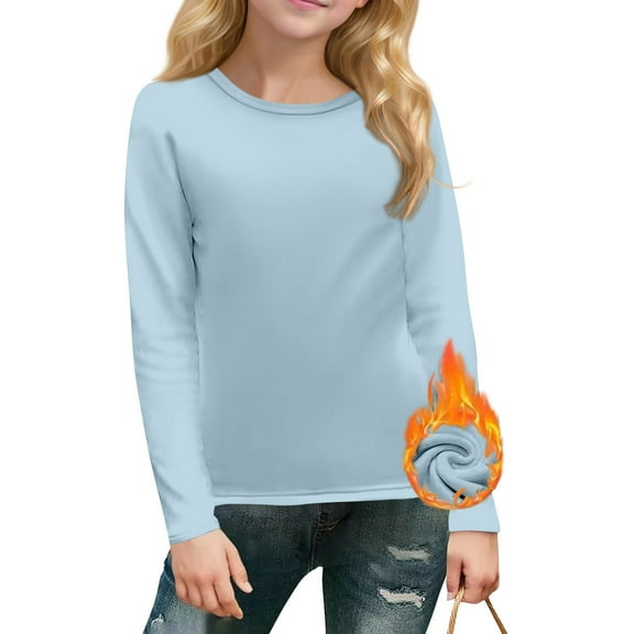 TQWQT Light Blue Long Sleeve Shirts for Girls Fleece Lined Girls Tops T Shirts Kids Crew Neck Size 3-4 Basic Tween Girls Clothes